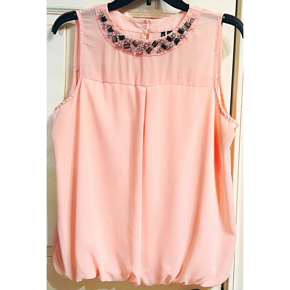 HeartSoul Women’s XL Blush Pink Peach Jeweled Neck Sleeveless Blouson Blouse EUC